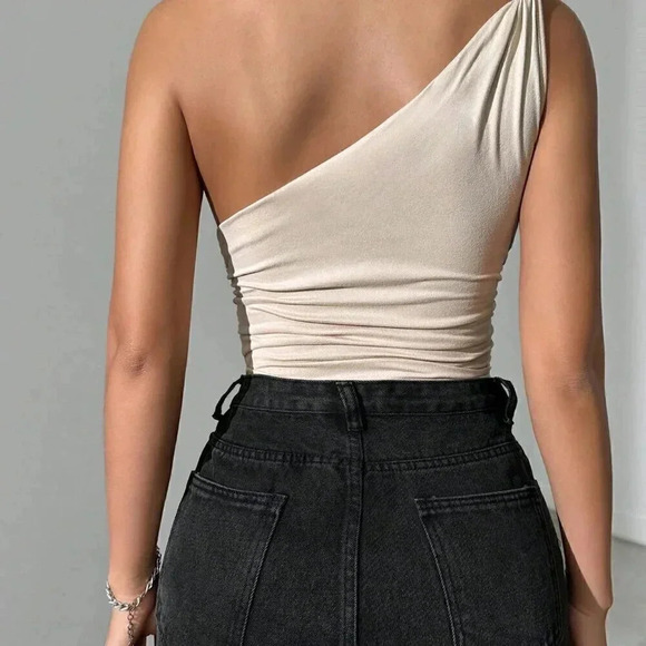 Apricot Casual Women's Solid Color Asymmetrical Neck Knotted Pleated Bodysuit - Picture 3 of 8